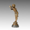 Kids Statue Horn and Boy Bronze Sculpture, Louis Kley TPE-236